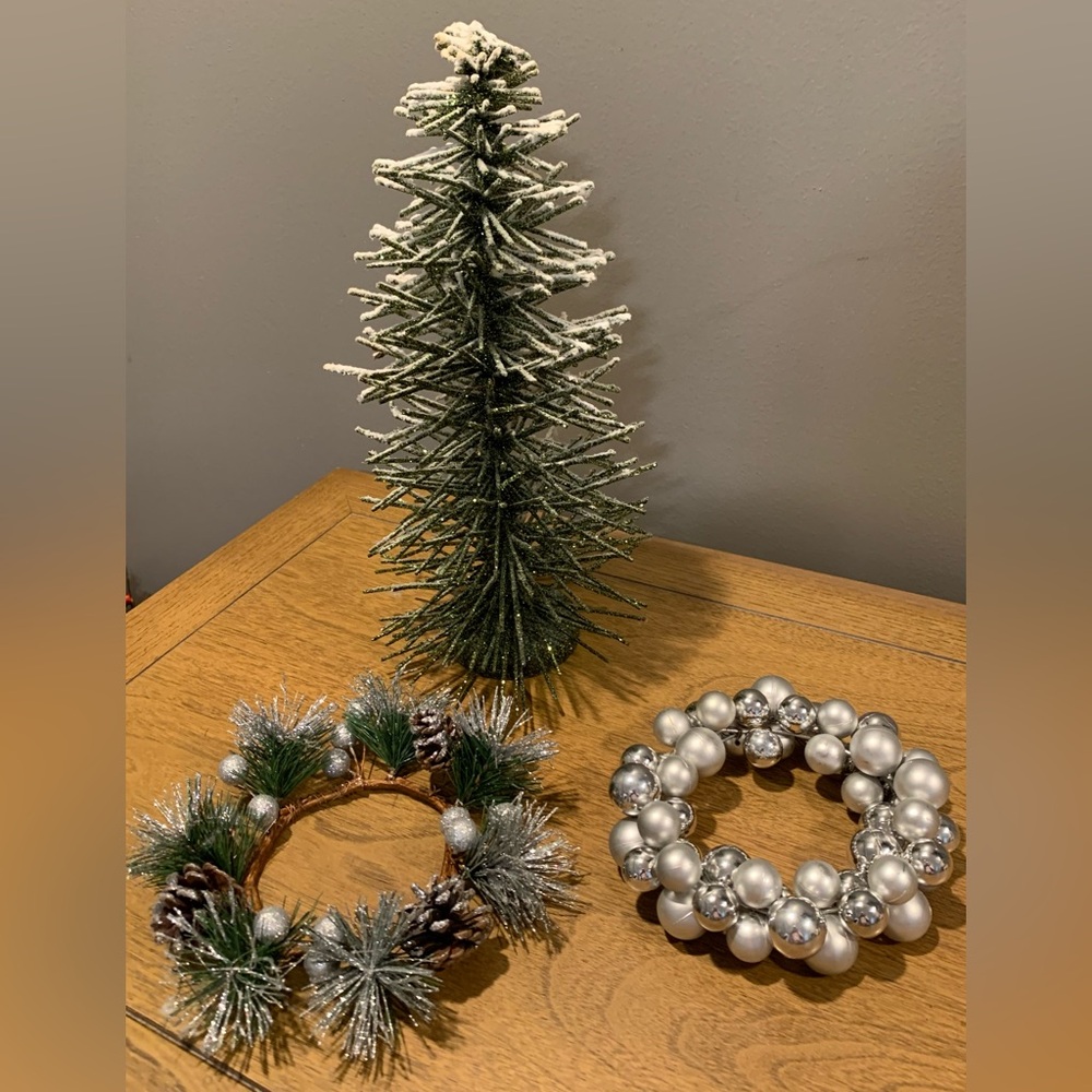Holiday Tabletop Decor, Set of 3, Flocked Tree with 2-Holiday Candle Rings